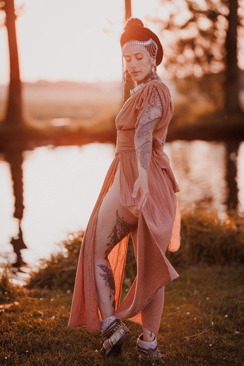 Boho Helen Dress, Long Organic Cotton Slit Summer Dress