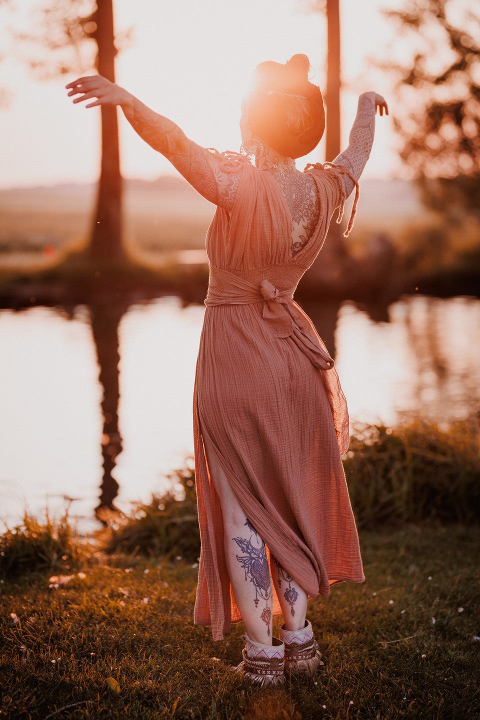 Boho Helen Dress, Long Organic Cotton Slit Summer Dress