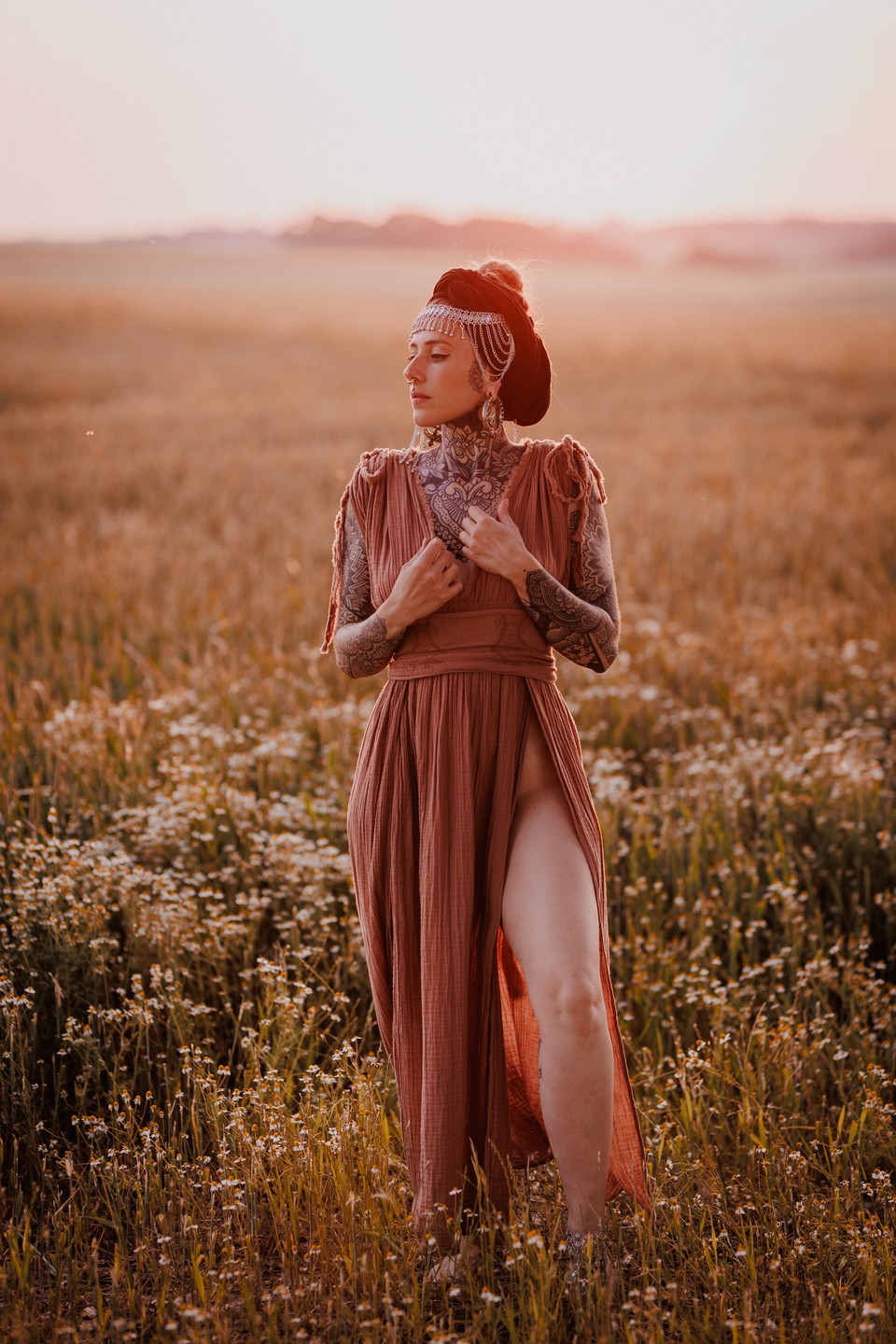 Boho Helen Dress, Long Organic Cotton Slit Summer Dress