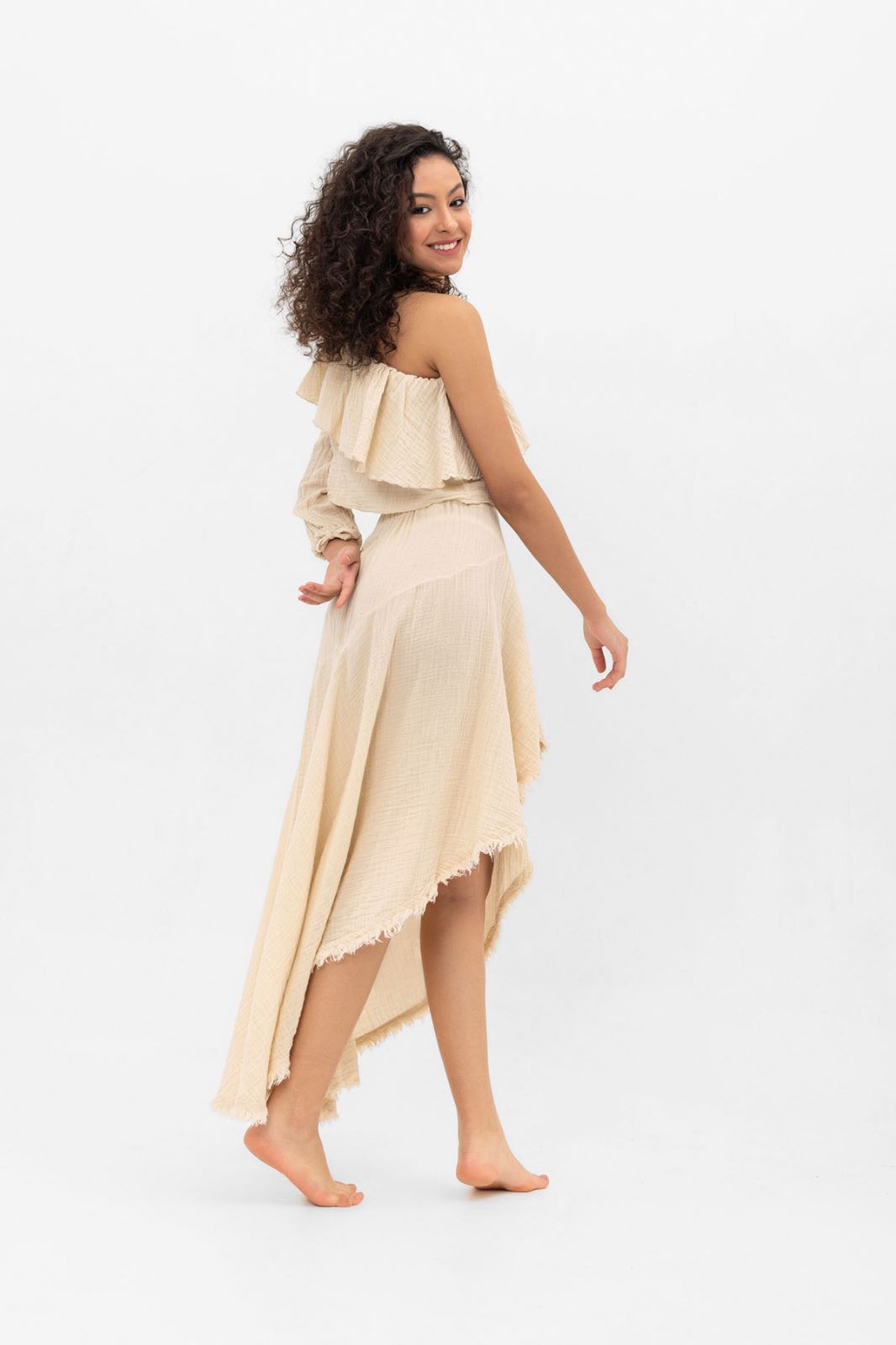 Beige Cotton Midi Asymmetrical Summer Skirt