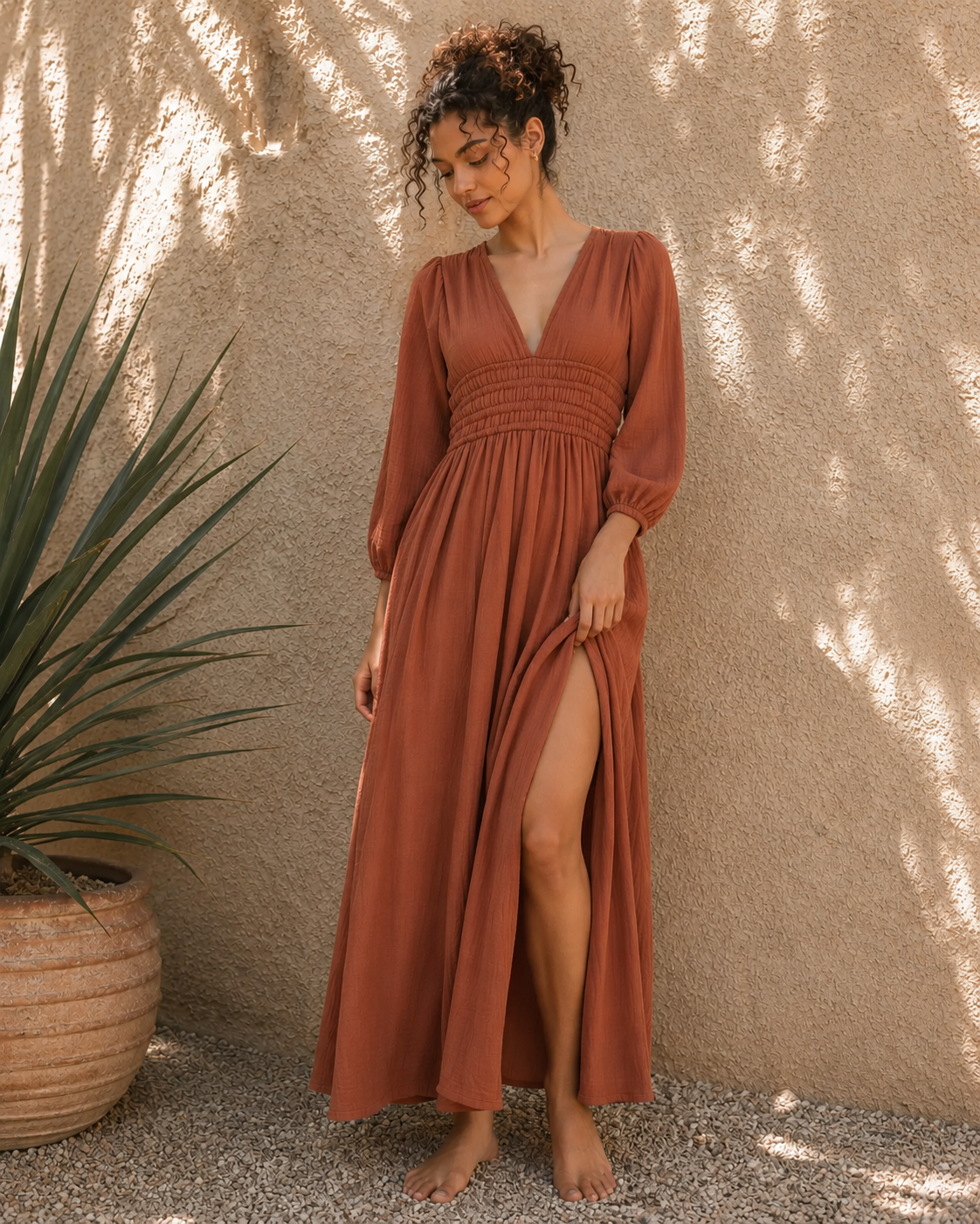 Terracotta Cotton Maxi Dress M/L / Beige