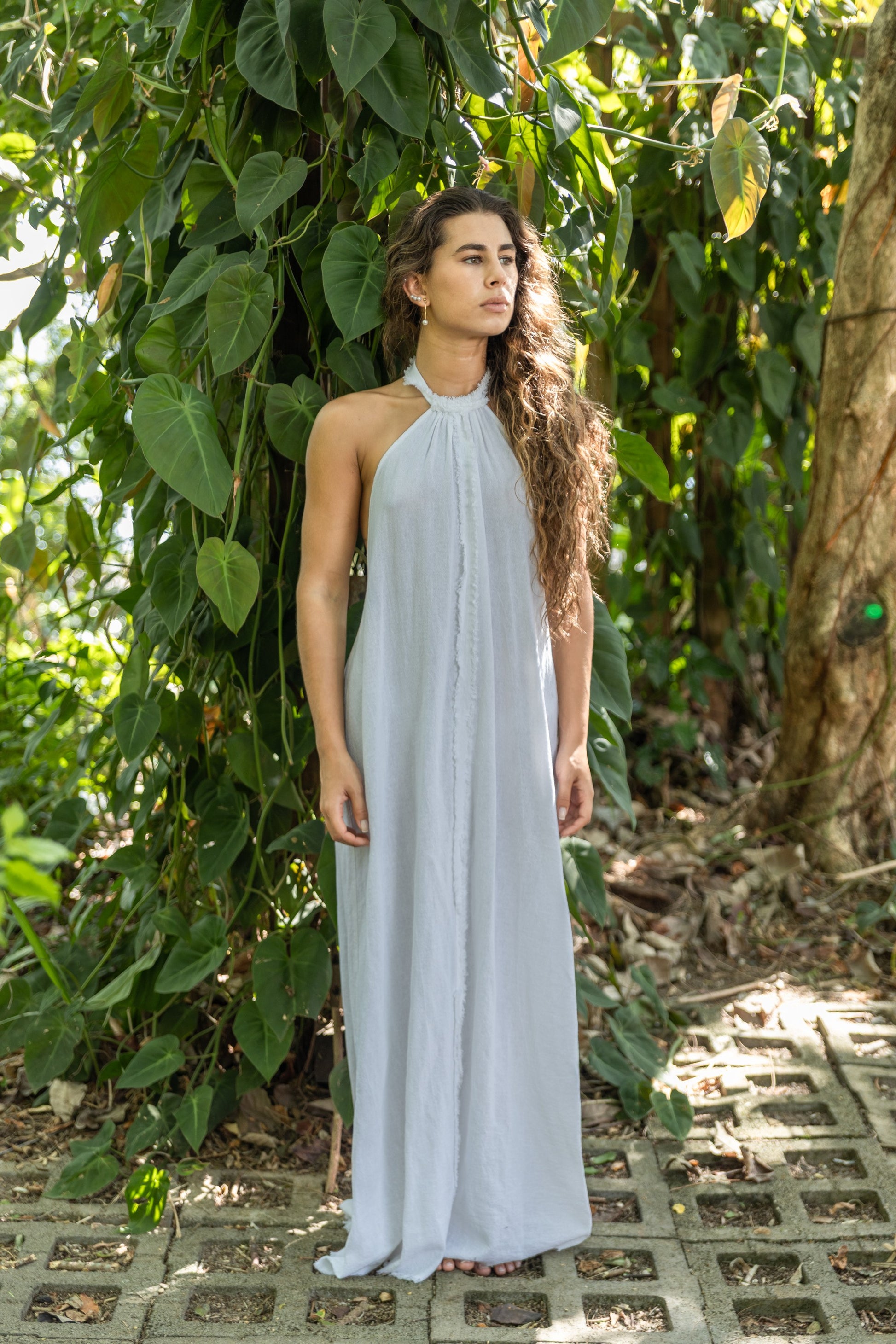 White Open Back Halter Maxi Dress | 100% Cotton