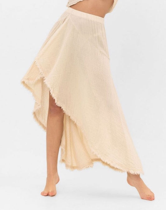 Beige Cotton Midi Asymmetrical Summer Skirt