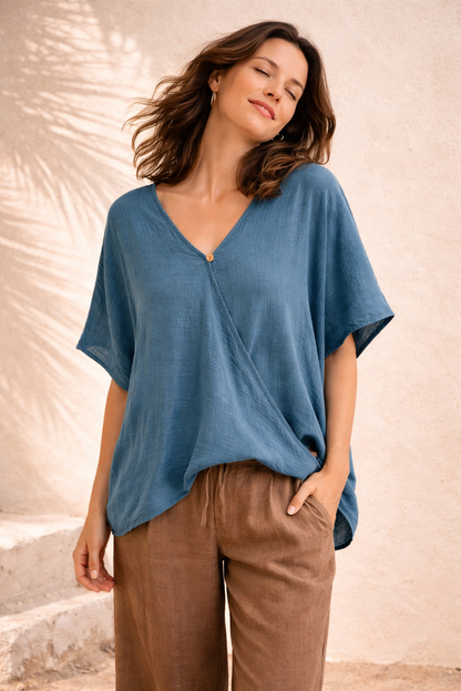 Oversized Cotton Wrap Blouse – Naturally Dyed, Breathable Essential