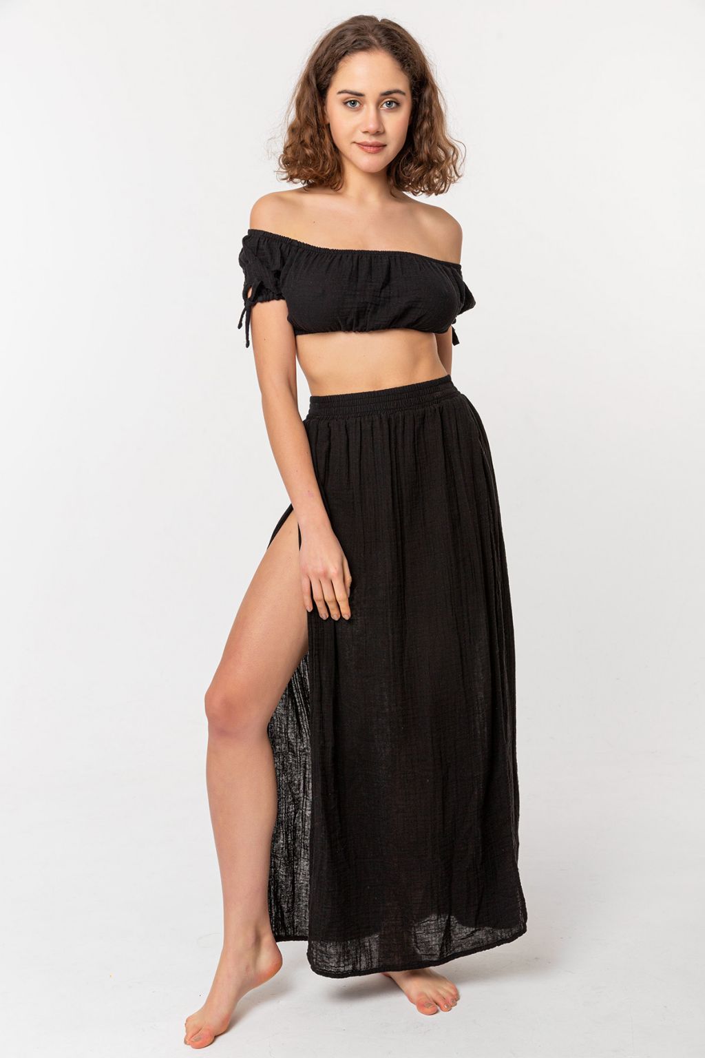 Organic Cotton Double Slit Maxi Black Summer Skirt
