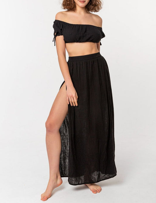 Organic Cotton Double Slit Maxi Black Summer Skirt